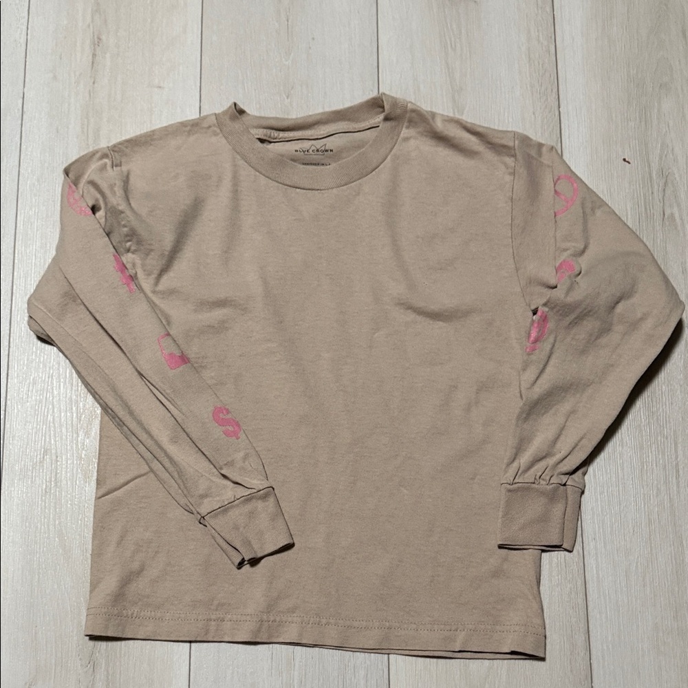 Kid’s Neutral Tan Long Sleeve Tee with Pink Sleeve Accents size S - Picture 1 of 6